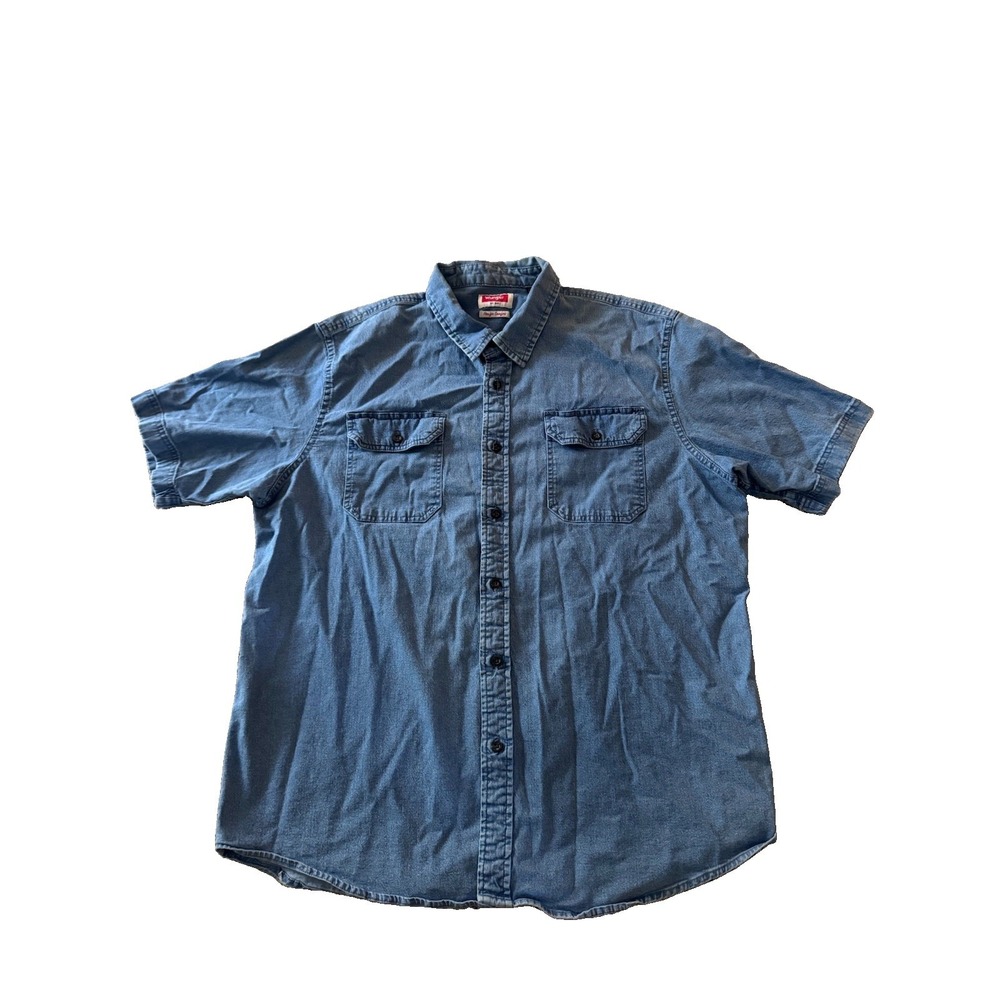 Wrangler Men's XL Blue Solid Denim Stretch Short Sleeve Button-Up Point Collar